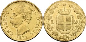 Umberto I (1878-1900). 20 lire 1879. Pag. 575. Mont. 10. AU. mm. 21.00 Fondi lucenti Bel BB.