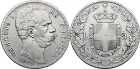 Umberto I (1878-1900). 5 lire 1879. Pag. 590. Mont. 33. AG. mm. 38.00 qBB.