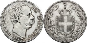 Umberto I (1878-1900). 2 lire 1887. Pag. 597. Mont. 42. AG. g. 9.93 mm. 27.00 BB.