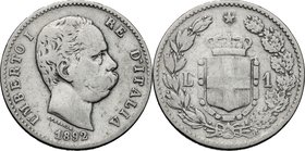Umberto I (1878-1900). Lira 1892. Pag. 605. Mont. 51. AG. mm. 23.00 RR. qBB.