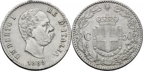 Umberto I (1878-1900). 50 centesimi 1889. Pag. 608. Mont. 55. AG. mm. 18.00 R. BB.