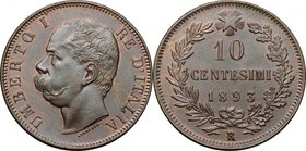 Umberto I (1878-1900). 10 centesimi 1893 Roma. Pag. 613. Mont. 62. CU. g. 9.69 mm. 30.00 NC. FDC.