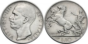 Vittorio Emanuele III (1900-1943). 10 lire 1928. Pag. 693. Mont. 91. AR. mm. 27.00 NC. Graffio al D/. BB+.