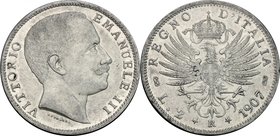 Vittorio Emanuele III (1900-1943). 2 lire 1907. Pag. 731. Mont. 146. AG. g. 10.00 mm. 27.00 Segnetto al diritto. SPL/qSPL.