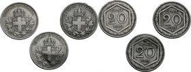 Vittorio Emanuele III (1900-1943). Lotto di tre monete da 20 centesimi 1918, 1919 e 1920. P. 850, 851 e 852. Mont. 298, 300 e 302. NI. mm. 21.30 MB:qB...