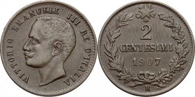 Vittorio Emanuele III (1900-1943). 2 centesimi 1907. Pag. 929. Mont. 401. CU. g. 1.97 mm. 20.00 RR. BB.