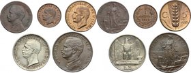 Vittorio Emanuele III (1900-1943). Lotto di 5 monete: 5 lire 1927, 5 centesimi 1909 e 1919, 2 centesimi 1910 e centesimo 1905. AG e CU. Interessante i...