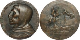 Girolamo Savonarola (1452-1498). Medaglia. D/ HIERONYMVS SAVONAROLA ORDINIS PRAEDICA. Busto a sinistra in abito da religioso con cappuccio alzato. R/ ...