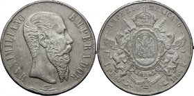 Mexico. Maximilian I von Habsburg (1864-1867). Peso 1866, Mo (Mexico City). K.M.388.1. AR. mm. 37.00 Mounted and holed at edge. VF.
