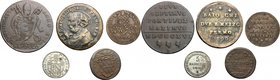 Lotto di 5 monete papali, Roma: quattrino 1738, 5 baiocchi 1856, quattrino 1802, 2 e mezzo baiocchi 1796 (Fermo), Baiocco 1816. AE-MI. qBB:Bel BB.