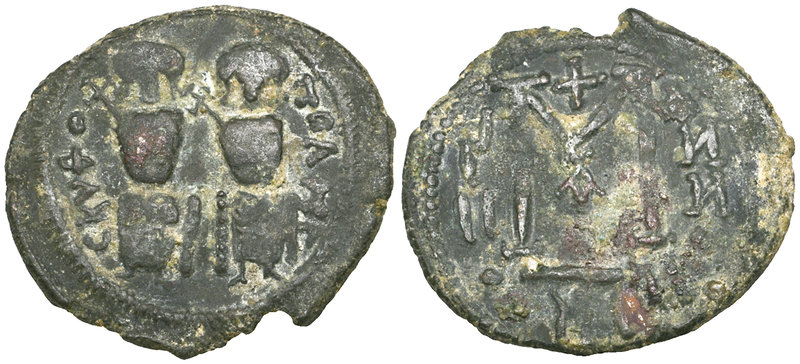 Arab-Byzantine, fals, Scythopolis (Baysan), CKVΘO – ΠOΛHC, two seated imperial f...