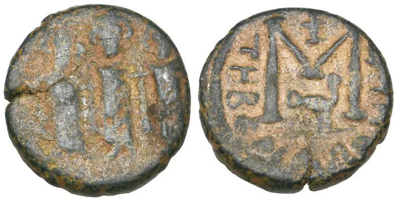 Arab-Byzantine, fals, Tabariya, undated, three standing figures, rev., large M w...