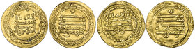 Tulunid, Khumarawayh b. Ahmad (270-282h), dinars (2), al-Rafiqa 276h and Misr 278h, 3.46, 4.25g (Bernardi 193Hn, 193 De; Grabar 33, 42), second with p...
