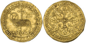 France, Jean II, le Bon (1350-64), mouton d’or, Paschal Lamb standing left, nimbate head turned to right, irev., cross fleury, lis in angles, 4.61g (D...