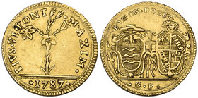Italy, Papal States, Pius VI, half-doppia d’oro, 1787, 2.72g, good very fine and Kingdom of Napoleon, 20 lire, 1808 m, has been mounted and gilt (2)
...