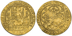 Low Countries, Lodewijk v. Male (1346-1384), halve gouden schild met de adelaar, Bruges, undated (1352-3), count seated facing on Gothic throne within...