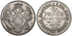 Russia, Nicholas I, platinum 3 roubles, 1844 (Bitkin 90; F. 160), several surface knocks and scratches (probably test-marks), otherwise very fine

E...
