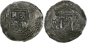 Bolivia, Felipe IV, Potosí, cob 8-reales, 1652 E, crowned shield, rev., 8 between waves and pillars, 25.97g (Cal. 403), slightly porous surfaces, fain...