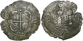 Bolivia, Felipe IV, Potosí, cob 8-reales, 1652 E, cross of Jerusalem, rev., date between waves and pillars, I PH 6, above, 25.21g (Cal. 408), edge str...