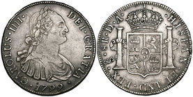 Chile, Carlos IV, Santiago, portrait 8-reales, 1799 DA, 26.88g (Cal.747), hairlines, faint scratch and slightly weak on chest, very fine, reverse stro...
