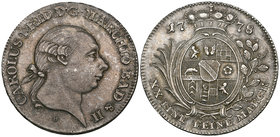 Germany, Baden, Karl Friedrich, half convention thaler, 1778 h / s, similar but a variety with stop replacing colon after frid in legend (Wielandt 725...