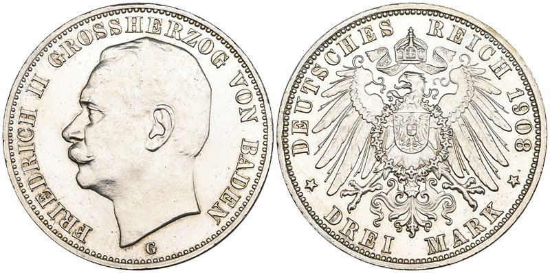 Imperial Germany, Baden, Friedrich II, proof 3 mark, 1908 g (Wielandt 1340), goo...