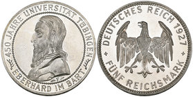 Germany, Weimar Republic, Tübingen University 450th Anniversary, proof 5 reichsmark, 1927 f, mint state

Estimate: GBP £300 - £400