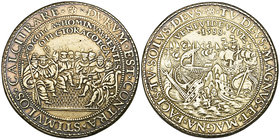 Elizabeth I, Defeat of the Spanish Armada, 1588, silver gilt medal by Gerhard van Bijlaer, Philip II of Spain and the Pope in conference with their ad...