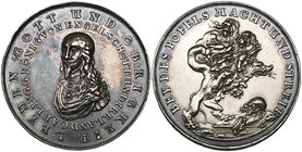 Charles I, Memorial (1649), silver medal, signed F, bust three-quarters left, rev., seven-headed monster rampant over the king’s decapitated head, 46m...
