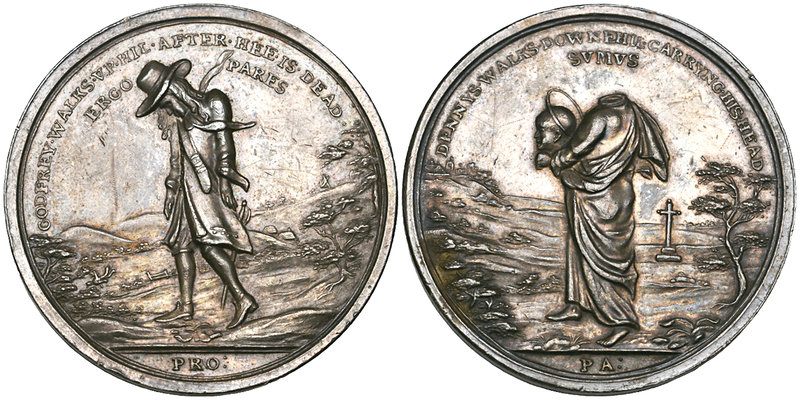 Charles II, Murder of Sir Edmundbury Godfrey, 1678, silver medal, Godfrey walkin...