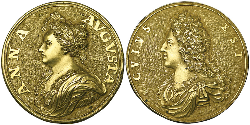 Anne and Prince James Stuart (the Old Pretender), cast silver gilt medal, c. 171...