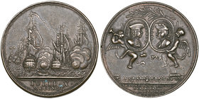 George II, Capture of the French Treasure Ships Marquis d’Antin and Louis Erasmé, 1745, bronze medal by J. Kirk, the naval action, rev., medallions of...