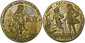 George II, Duke of Argyll and Sir Robert Walpole, 1741, pinchbeck medal, Argyll leaning on a column, rev., the Devil leading Walpole into the jaws of ...