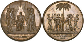 William IV, Abolition of Slavery, 1834, bronze medal, William IV seated beneath canopy, rev., seven freed slaves dancing around palm tree, 41mm (BHM 1...