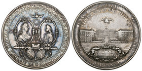 Germany, Baden, Franziska Sibylla Augusta, Markgräfin of Baden, Peace of Rastatt, 1714, silver medal by G.W. Vestner, her bust facing that of her son ...