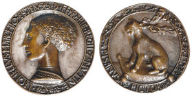 Leonello d’Este (Marquis of Ferrara, 1441-50), bronze medal by Pisanello, bust left, rev., a blindfolded lynx seated on a cushion, 66mm (Hill 28), old...