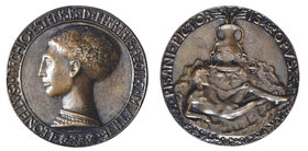 Leonello d’Este (Marquis of Ferrara, 1441-50), bronze medal by Pisanello, bust left, rev., nude youth reclining on rocks below a vase partly anchored ...