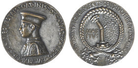Galeazzo Marescotti (patrician of Bologna, 1407-1503), bronze medal by Antonio Marescotti, bust left in cap and gown, rev., a column broken by a storm...
