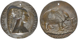 Isotta degli Atti (mistress and later wife of Sigismondo Malatesta), bronze medal by Matteo de’ Pasti, bust right, rev., the Malatesta elephant walkin...