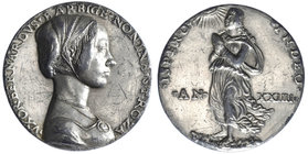 Nonina Strozzi (wife of Bernardo del Barbigia, on their marriage in 1489), silvered lead medal in the style of Niccolò Fiorentino, bust right, rev., f...