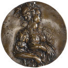 Giulia Pratonieri (of Reggio Emilia), uniface bronze medal by Gian Antonio Signoretti, half-length figure right wearing helmet and set upon volute, wh...