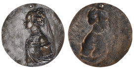 Portrait of an unknown lady aged 20, uniface bronze medal attributed to Bombarda, half-length bust left with elaborate hairdo and veil which sweeps do...