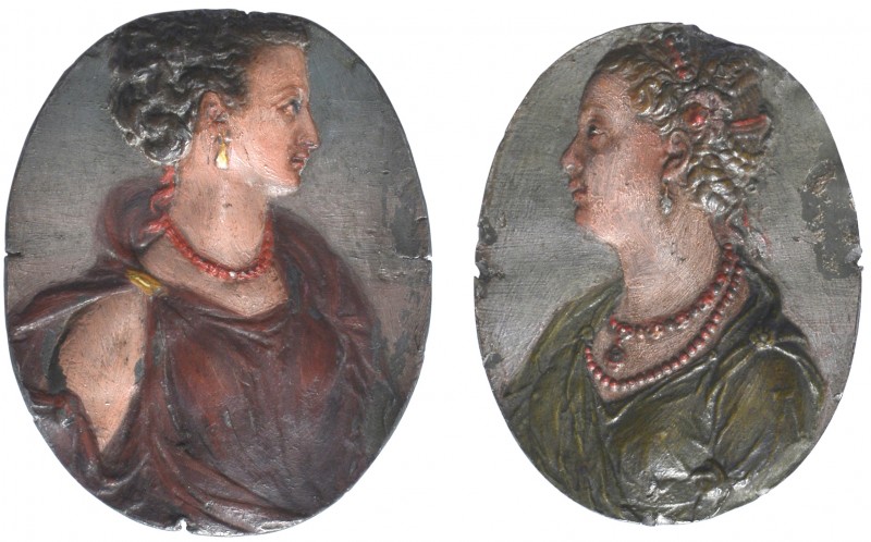 A pair of polychromed oval lead medals, uniface, second half of 16th century, co...