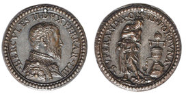 Ercole II d’Este (duke of Ferrara, 1534-59), bronze medal by Pastorino, bust right, rev., figure of Patience standing beside a water device which drip...