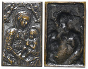 After Antonio Rossellino, The Virgin and Child, bronze plaquette, the Virgin seated and crowned by two angels above; the Child clasping a bird in both...