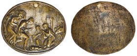 Giovanni Giacomo Caraglio (c. 1500/1505-1565), Adoration of the Shepherds, oval bronze medal, a shepherd followed by two women approach the Holy Famil...