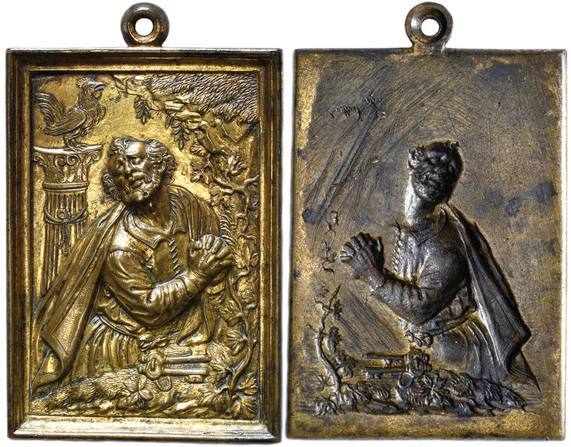 Netherlandish, 17th century, St. Peter, bronze gilt plaquette, St. Peter in peni...