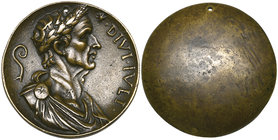 After the Antique, 15th century, Bust of Julius Caesar, bronze plaquette of concave form, DIVI IVLI, laureate and draped bust right flanked by a star ...