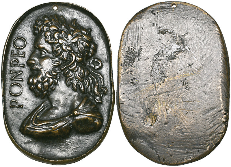 After the Antique, 15th century, Bust of Pompey, bronze plaquette, laureate, dra...