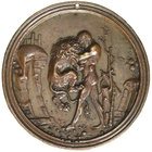 Moderno/Master of the Augmented Roundels, Standing Hercules and the Nemean Lion, bronze plaquette, Hercules standing left, strangling the lion and fla...